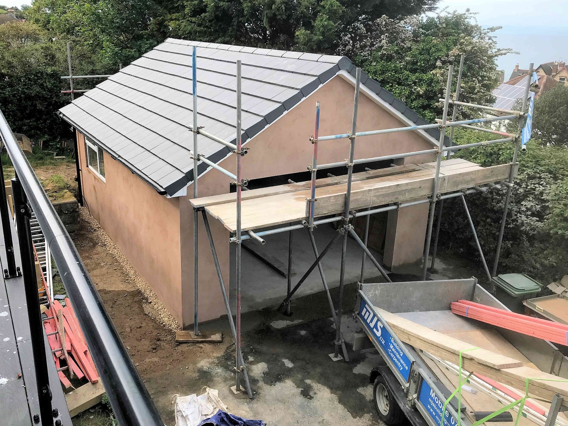 Detached garage constrcution tiling completed North Devon