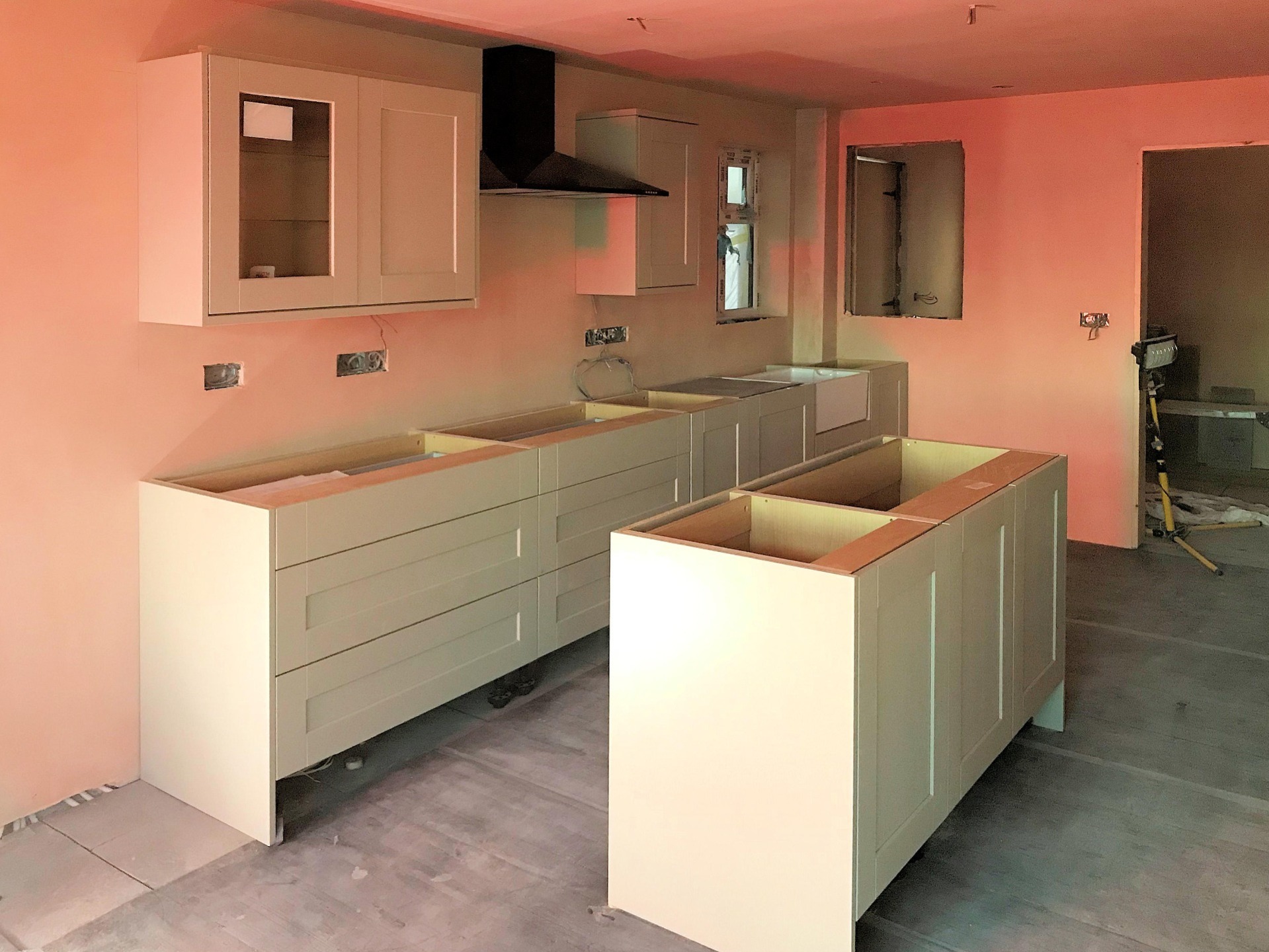Kitchen with island, drawer fronts added to assembled units. Barnstaple North Devon