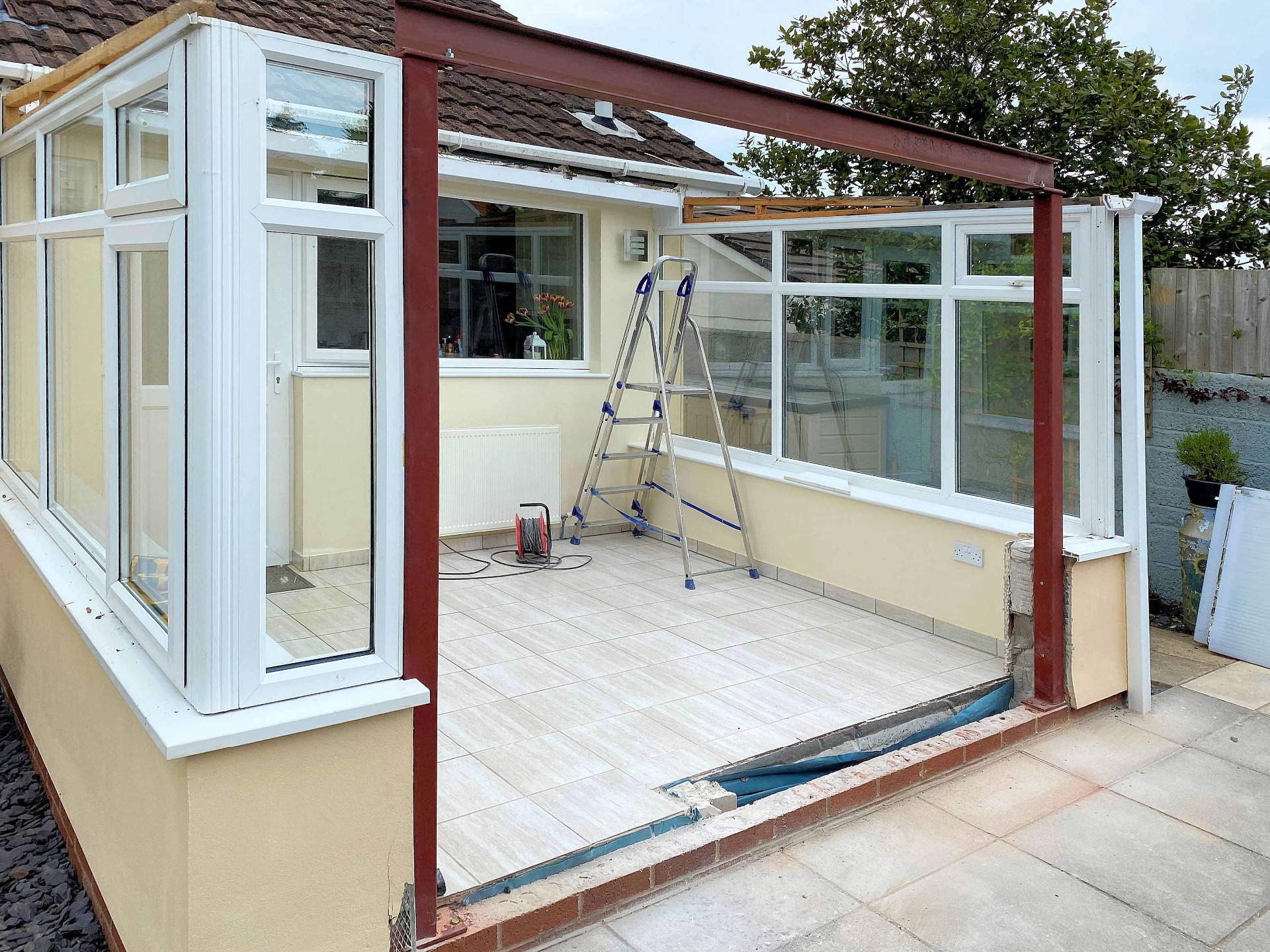 Steel goal posts and top beam installed Conservatory Conversion. Barnstaple North Devon